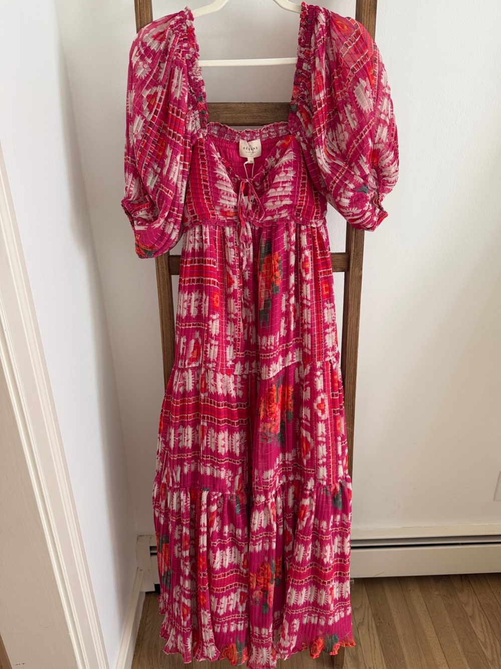 Sezane Hot Pink Floral Puff-Sleeve Maxi Dress